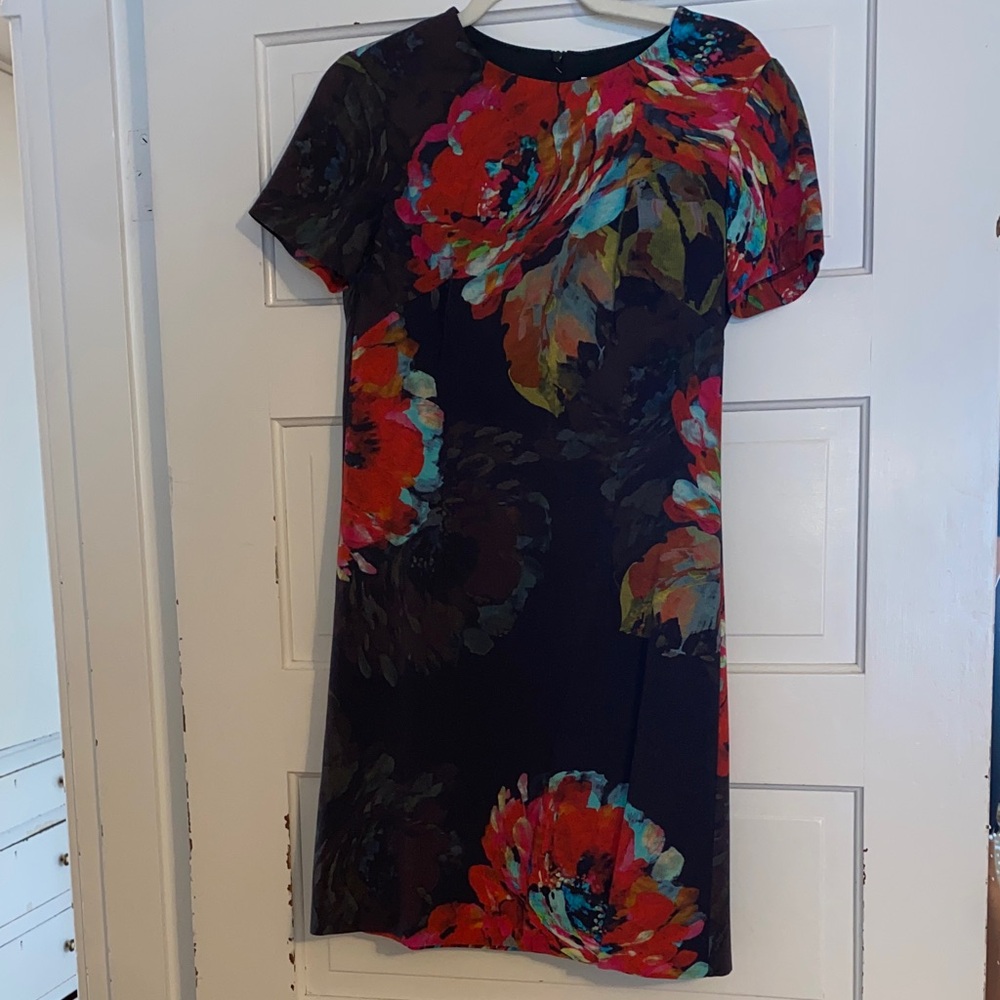 Trina Turk Black Mini Dress with Red and Teal Floral Print